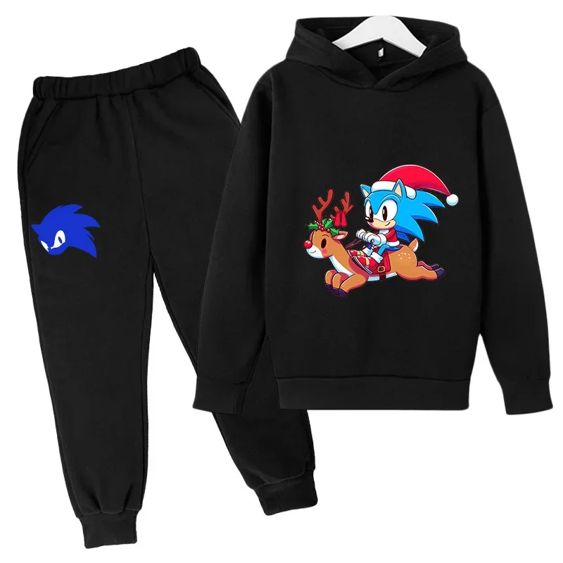 

2025 Cartoon Sonic the Hedgehog Christmas Clothing Children's Sweatshirt Sweatpants Set Pullover Boys Warm Hoodie + Sweatpants