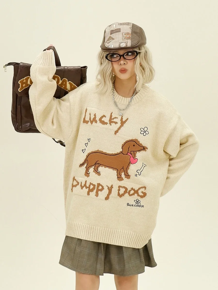 Maillard Puppy Crew Neck Sweater Women's 2024 Autumn New Loose Bf American Street Knitted Top