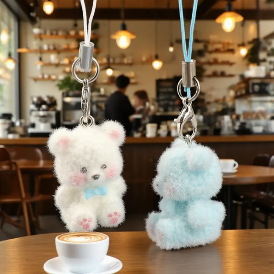 Cute Flocked 3D Resin Bear Keychain Sweet Creative Student Phone Chain Pendant Bag Accessory Phone Strap Gift - 4