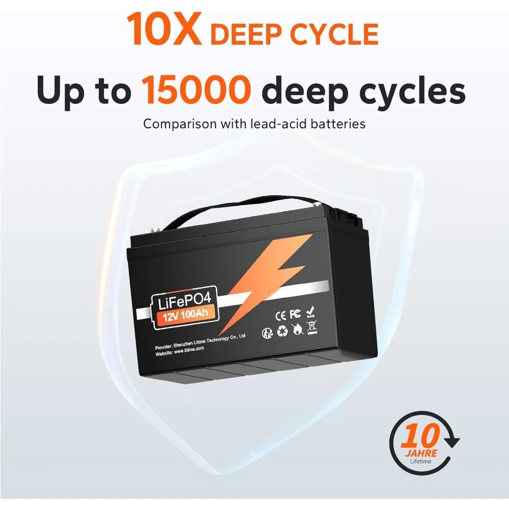 Batterie au lithium LiFePO4 12 V 100 Ah, BMS 100 A intégré, 4000-15 000 cycles, batterie haute performance avec durée de vie de 10 ans et Temp Pro