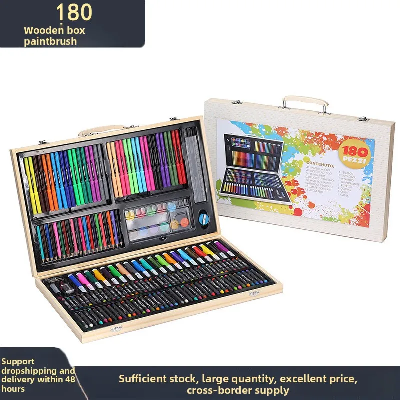 Wooden Box Kids Art Set with 180 Pieces, Watercolor Pens Crayons and Oil Pastels, Portable Drawing Kit for Children Students