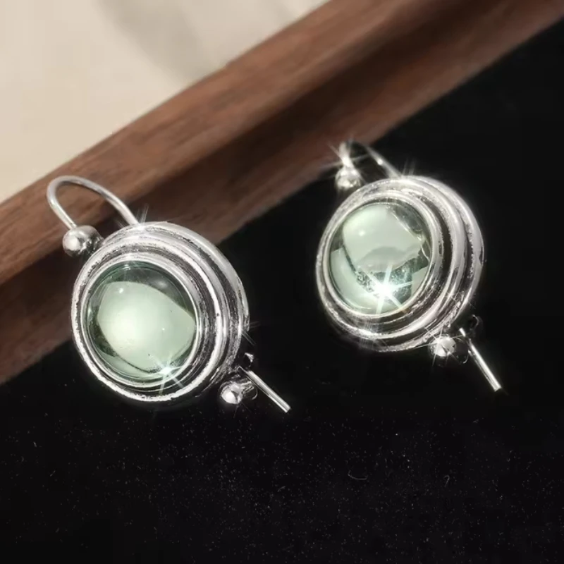 Vintage Trendy Green Color Inlaid Zircon Round Pendant Earrings, Elegant and Festive Multifunctional Accessory Gift for Women