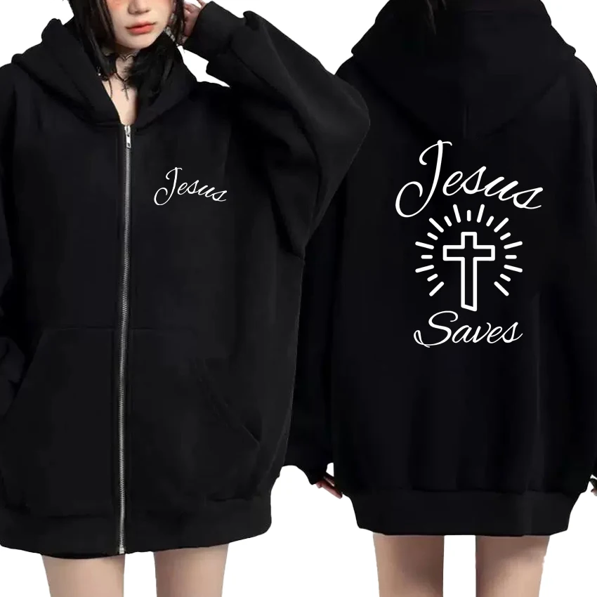 

Jesus Graphic Double Sided Print Long sleeve Zip Up Fleece Sweatshirts Autumn Winter Men Women Zipper Hoodies Unisex Outerwear