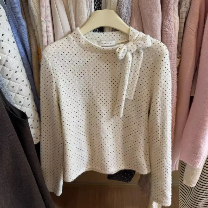 

Sweet Round Neck Side Strap Bow Polka Dot T-shirt Women's Autumn and Winter Versatile Pullover Sweater