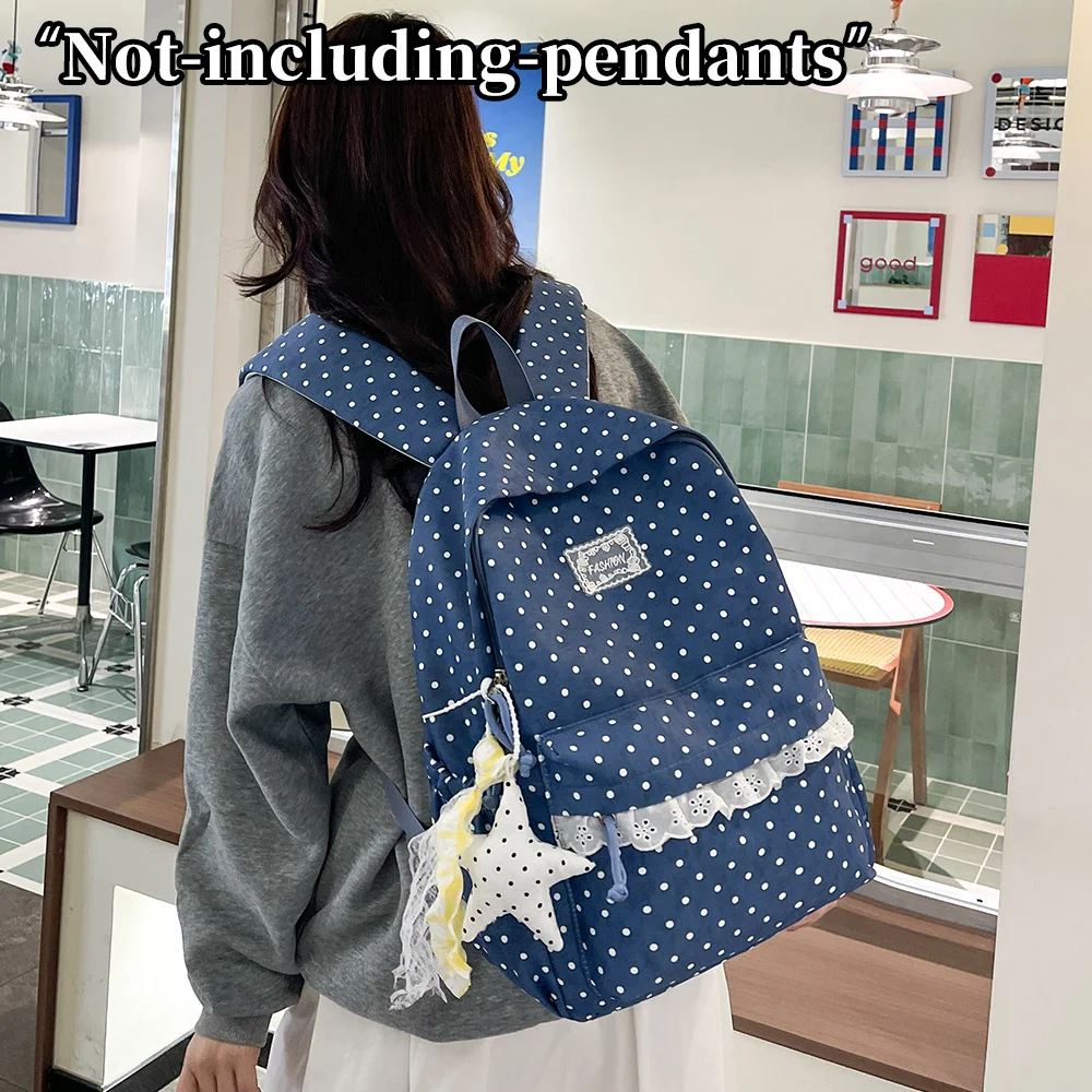 Casual Backpack Polka Dot Print Ruffle Lace Decor Large Capacity Lightweight Portable Daypack For Daily Travel Weekend Outing