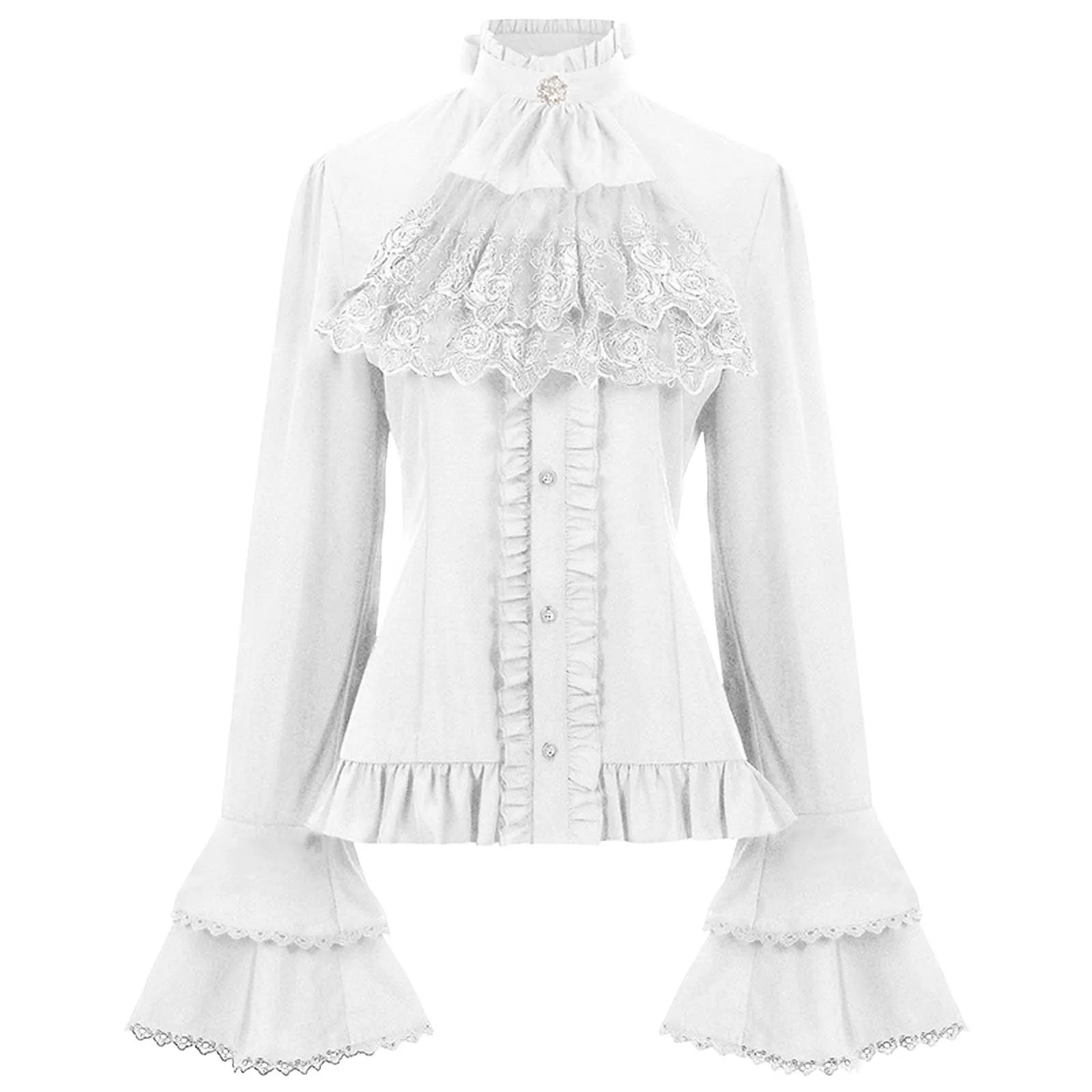 

Women's Elegant Retro French Style Solid Shirt Stand Flare Sleeve Lace Embroidery Ruffles With Inside Strap Design Office Shirts