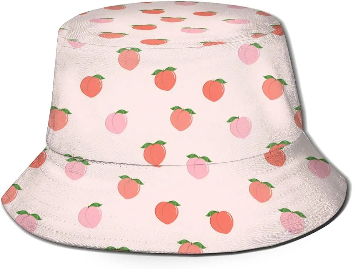 Pink Peach Unisex Bucket Hat Reversible Fisherman Hat Plant Printed Solid Color Outdoor Sun Hat Packable