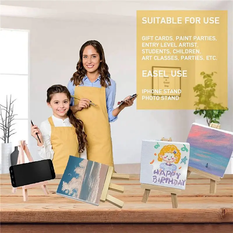 Exquisite-42Pcs Mini Canvas And Easel Brush Set, Canvas 4X4 Inch, Pre-Stretched Canvas, Mini Painting Kit, Kids Painting Party