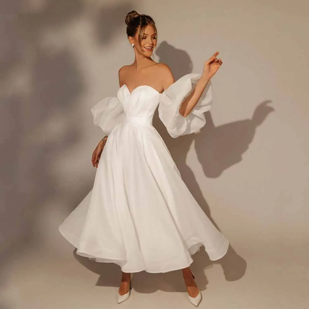 Midi Wedding Dress Ankle Length A Line Puff Sleeves Short Wedding Gown 2023 White Sweetheart Backless Simple Bridal Dresses