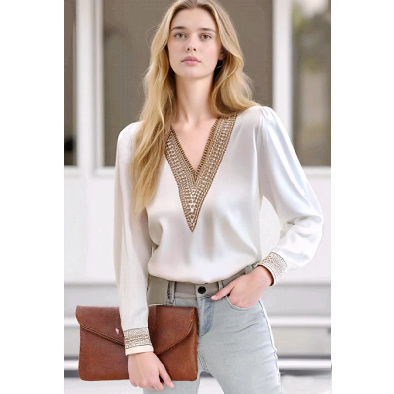 

Новая свободная рубашка с длинным рукавом и v-образным вырезом, женская летняя модная офисная шифоновая блузка с вышивкой, белая элегантная блузка, топы Blusas Mujer