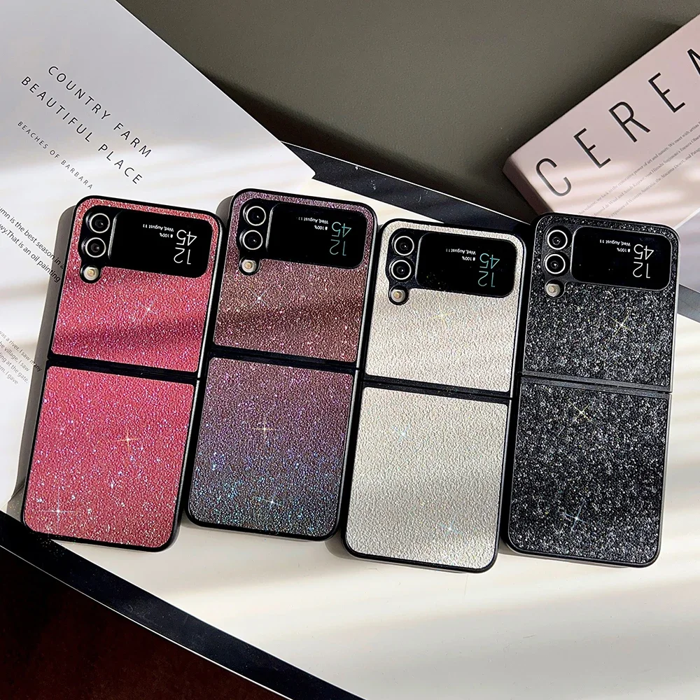 Gradient Glitter Sequins Trim Phone Case For Samsung Galaxy Z Flip 6 5 4 3 5G Soft TPU Frame Shockproof Cover