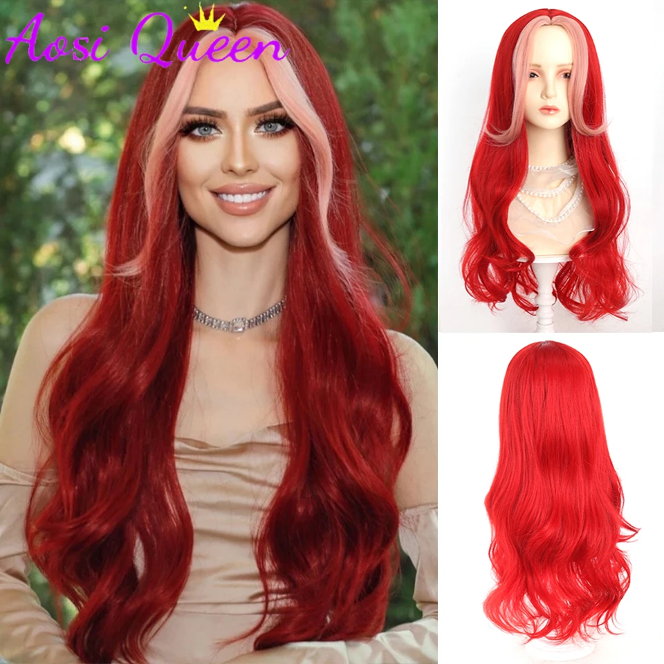 

AOSI 25 Inch Burgundy Long Curly Synthetic Highlight Middle Bangs Heat Resistant Wig For Women High Quality Color Wig