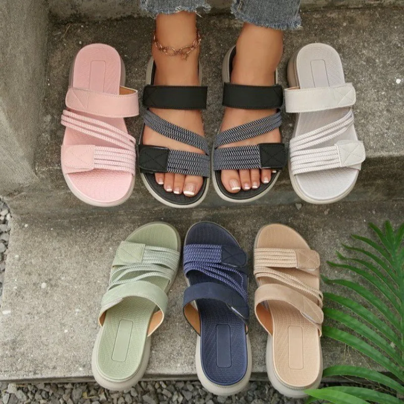 

2026 Women Strappy Slide Sandals Open Toe Casual Comfort Slippers Lightweight Elastic Strap Summer Travel Daily Outdoor Shoes