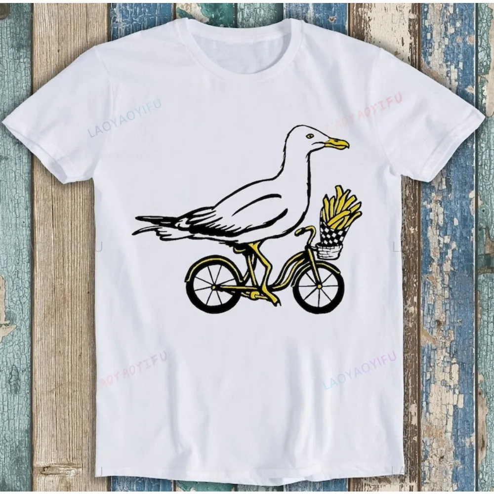 Seagull on Bike Bird Fries Cycle Parody Meme Funny Unisex Gift Tee T Shirt Casual Fashion Loose Harajuku Short Sleeve Streetwear