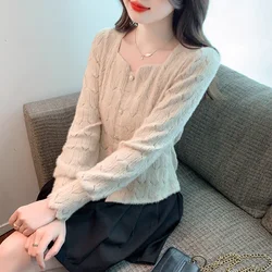 Solid Color Pullover Long Sleeve Square Collar Flocking Hook Flower Hollow Lace Patchwork Women's T-shirt Fashionable Tops