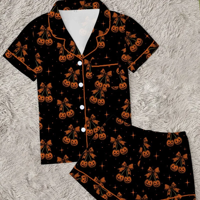 Women's Double Short Pajamas with TK Cherry Pumpkin Cartoon Print, Soft Milk Silk for Halloween Fun