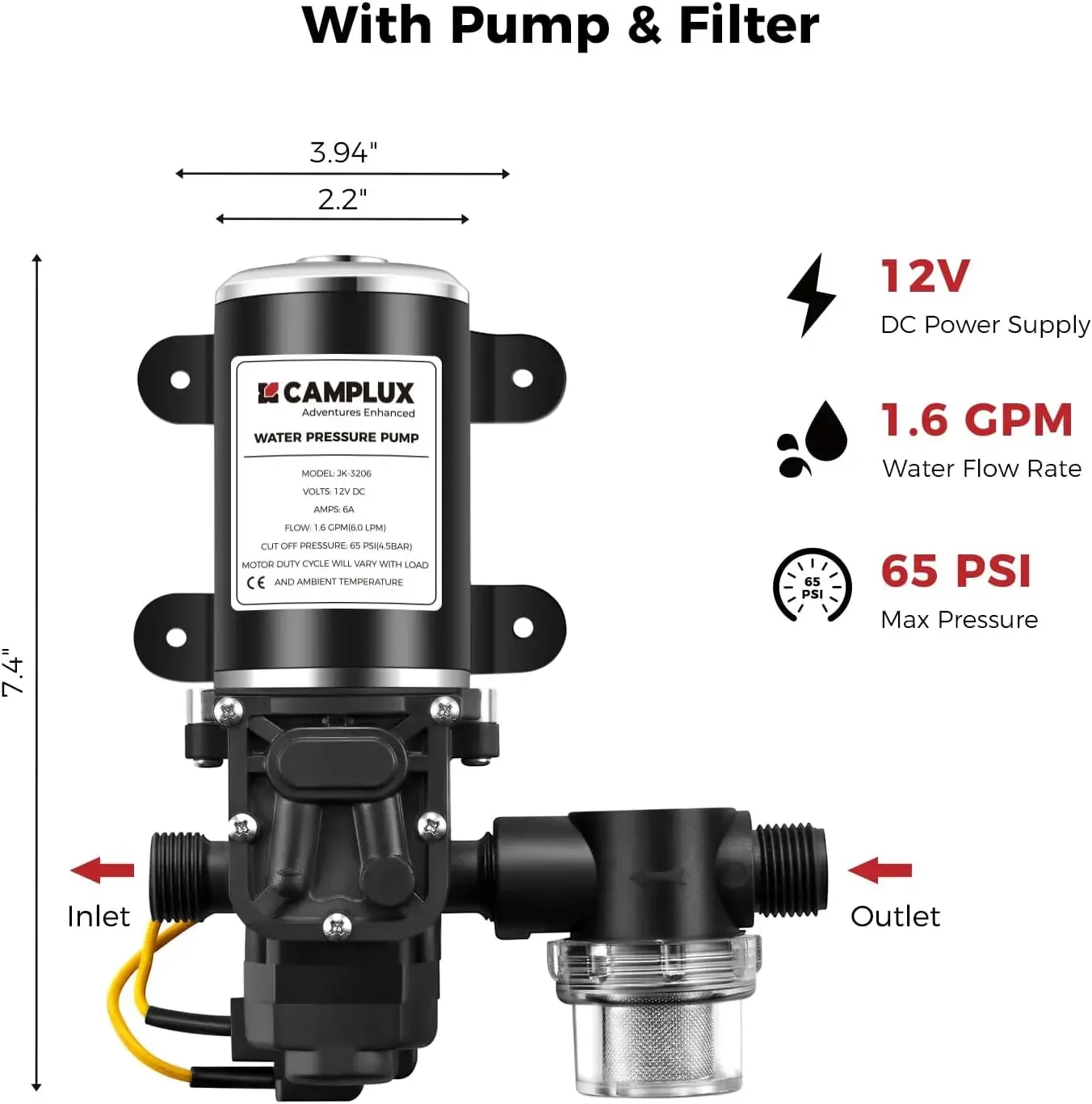 Aquecedor de água sem tanque, aquecedor de água portátil de propano de 1,58 GPM com kit de bomba, branco