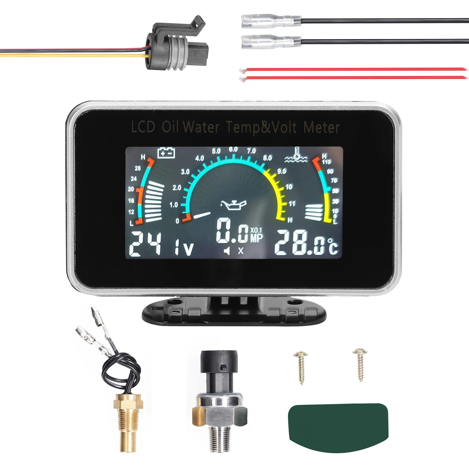 

3-in-1 Car LCD Meter for Oil Pressure, Voltage, Water Temperature, Universal 9-36V, Black, Includes 2 Screws