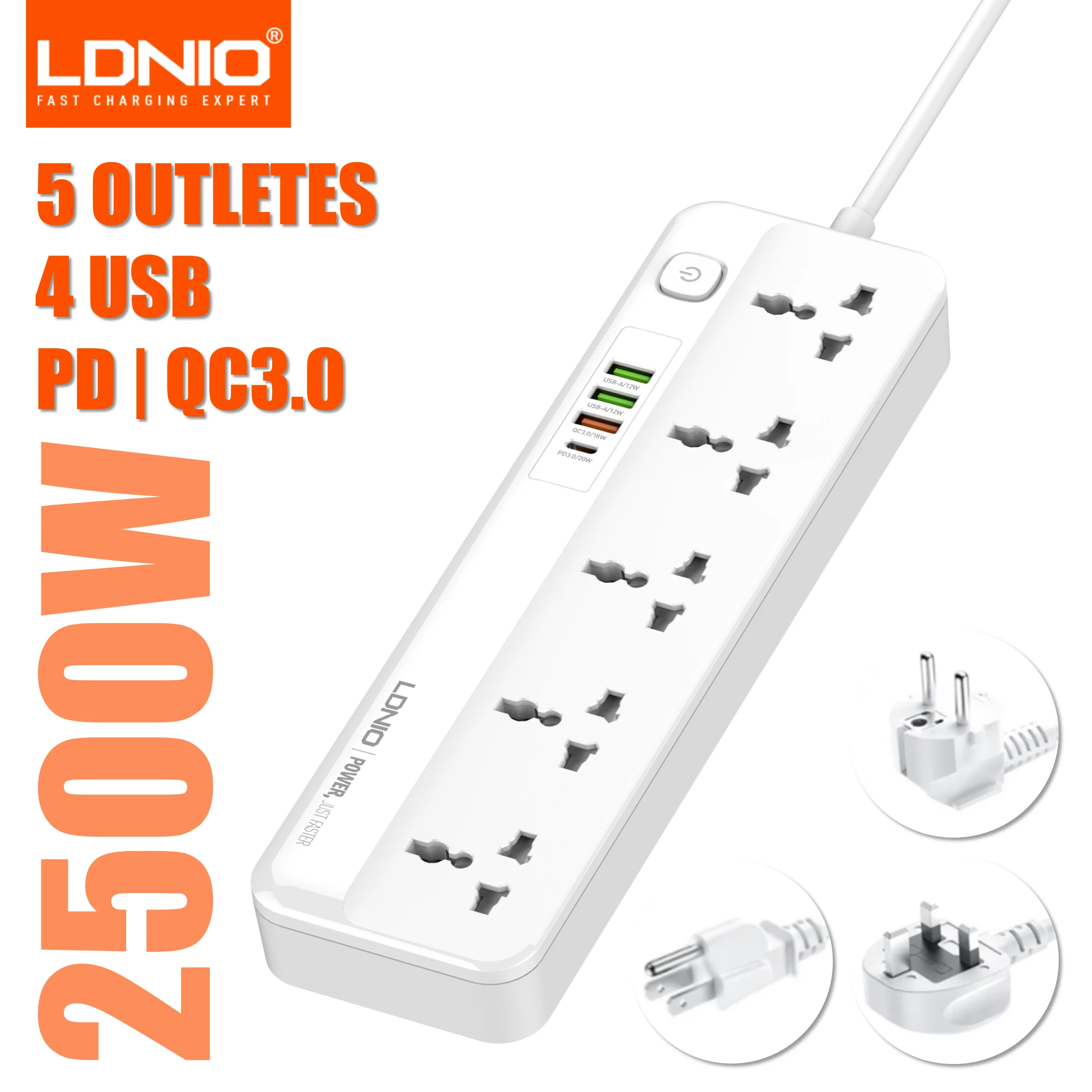 LDNIO Multi Tap Uniwersalna wtyczka EU US UK Listwa zasilająca z 2-metrowym przedłużaczem AC Typ C Port USB Ładowanie Gniazdo elektryczne