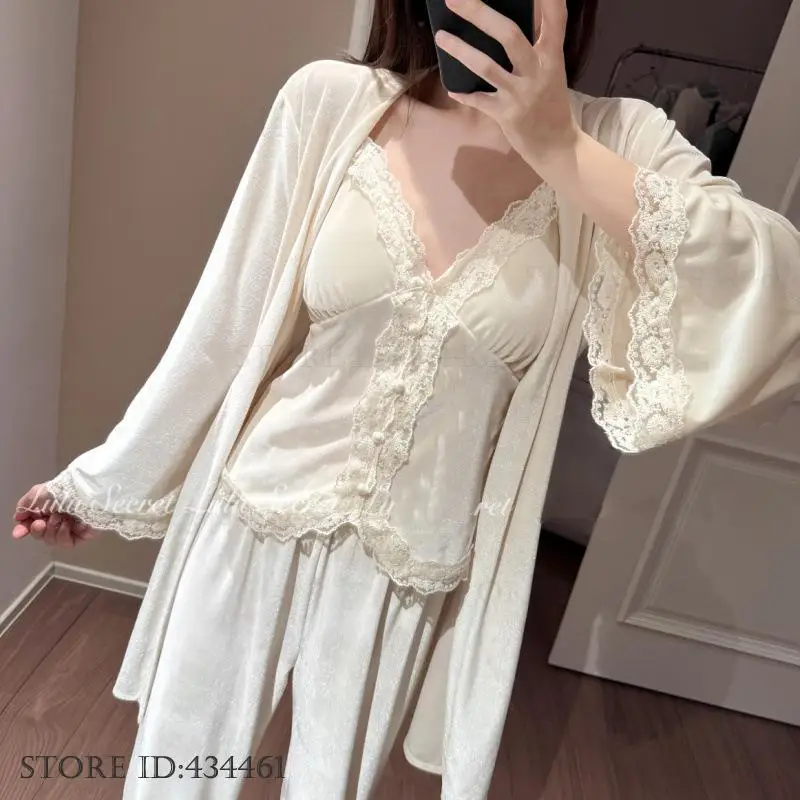 

Autumn Winter Velvet 3PCS Pajamas Set with Breast Pad Elegant French Style Robe Cardigan Pijamas Suit Loose Sleepwear Homewear