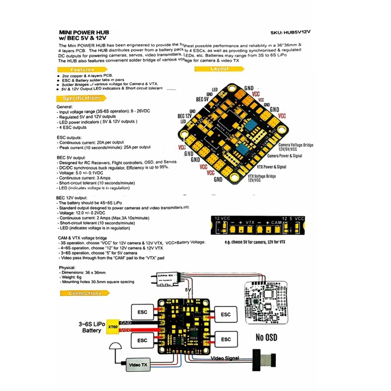 Mini Power Hub Scheda di distribuzione dell'alimentazione PDB con doppio BEC 5V/ 12V per FPV DIY RC Racing Drone Multicopter Quadcopter