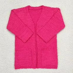 Wholesale Baby Girls Long Sleeves Clothes Coat Kids Hot Pink Woolen Children Toddler Sweater Cardigan Fall Winter Clothing