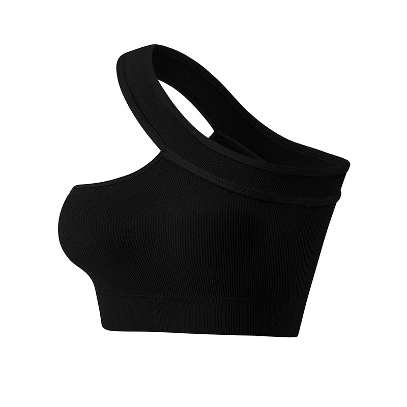 Oblique Shoulder Women Bra Seamless Sports Underwear Without Pad Slim Ribbed Crop Top Simple Elastic Fitness Vest Casual