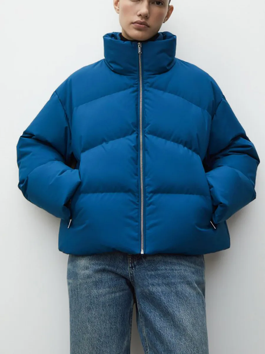 Jaqueta chique de pato de rua alta feminina, casaco curto soprador, gola de inverno, bread parkas