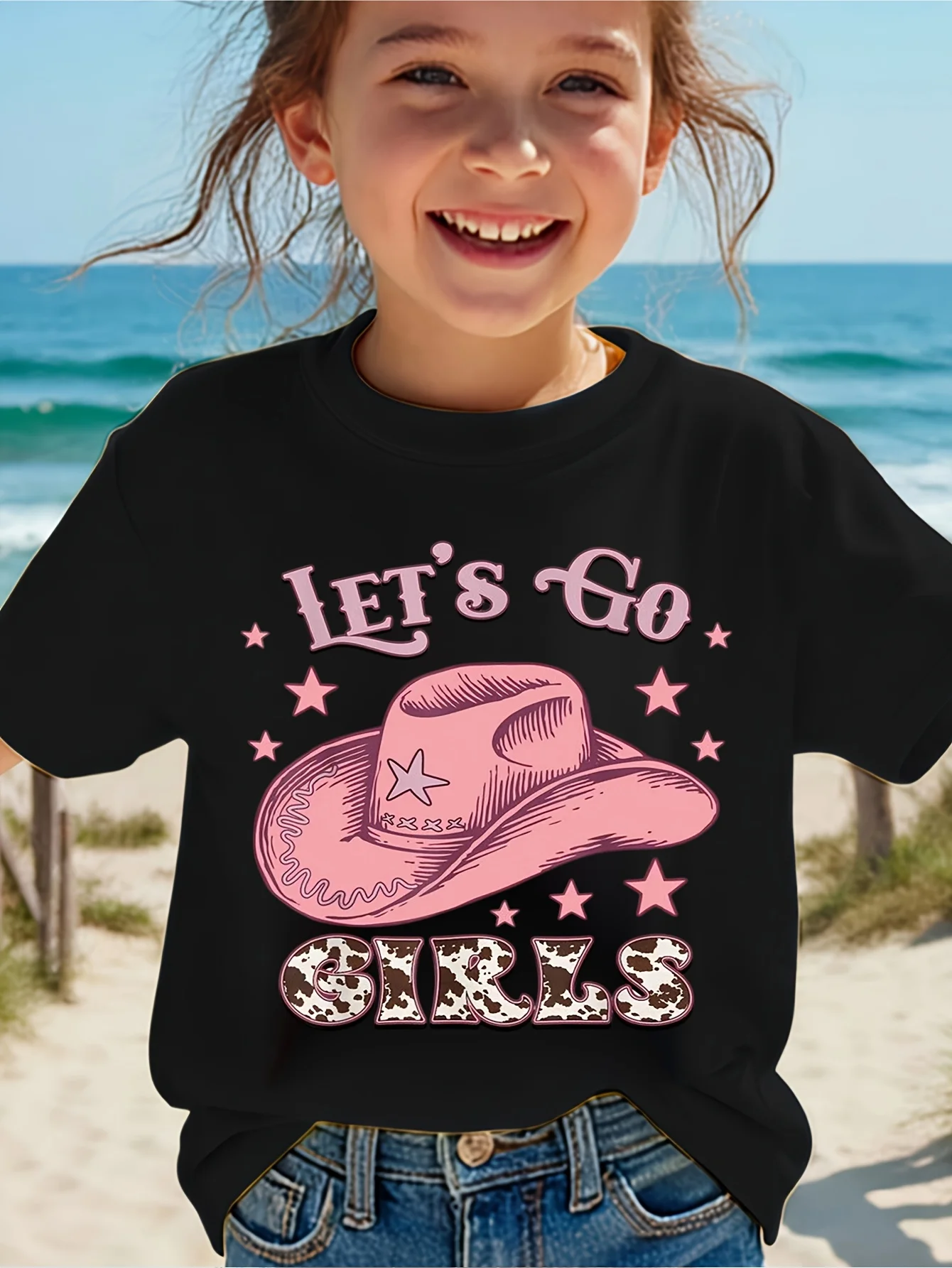 Kids Boys Girls Matching Tee Lets Go Girl Pink Cowboy Hat Cow Print Western Graphic Short Sleeve Crew Neck Toddler Casual Outfit