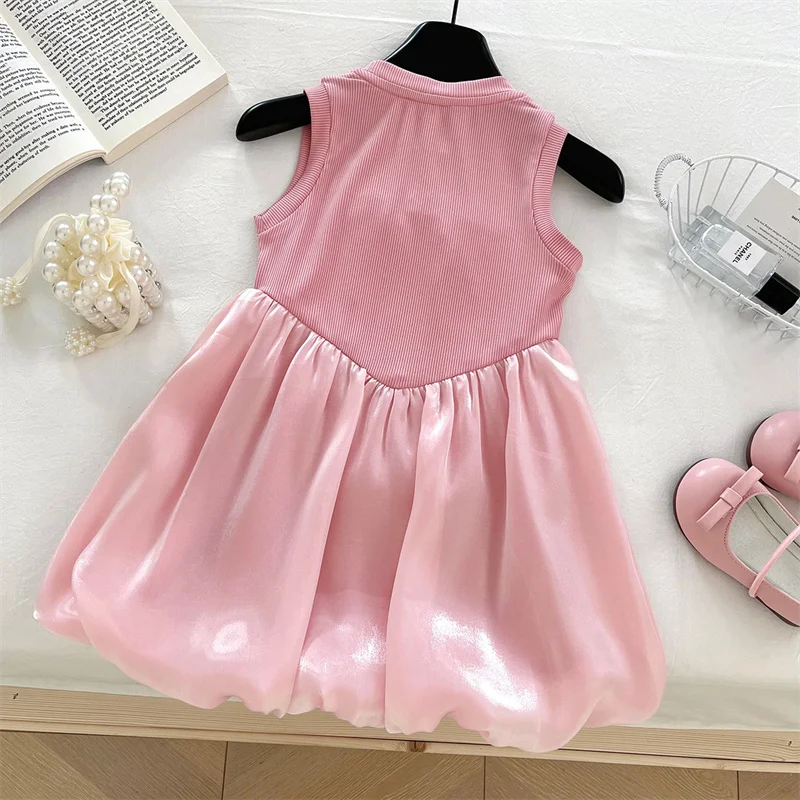 2-10Y Summer Girls Dress 2025 New Sleeveless Bow Kids Gown Baby Princess Pink Fashion Vestidos Children Casual Vest Clothing