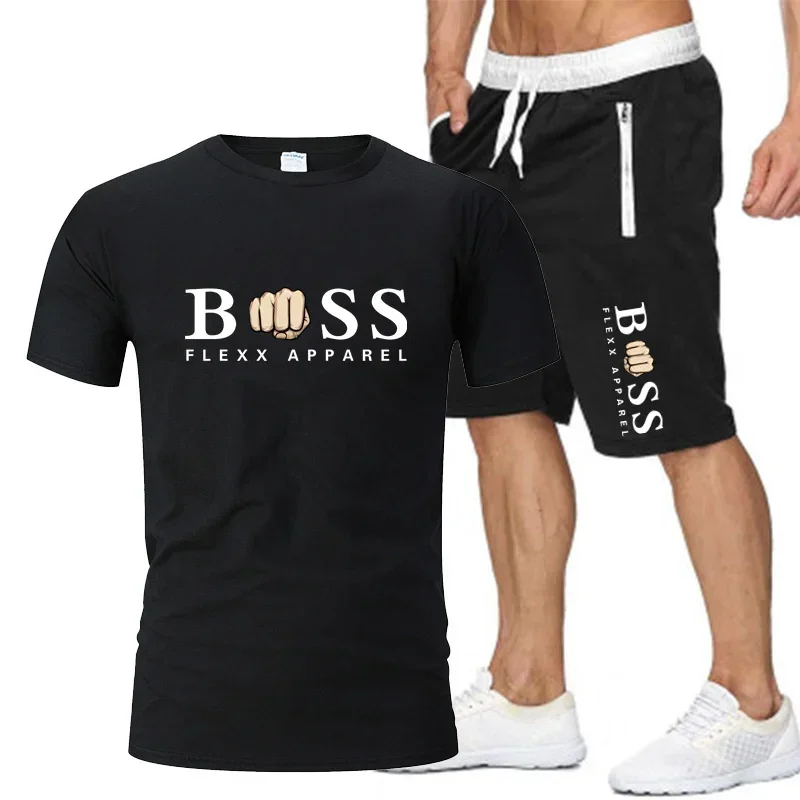 2024 Fashion Print New Sports Gym Running Men Cotton Round Neck T-shirt Summer Breathable Sports Casual Shorts Two Piece Sets