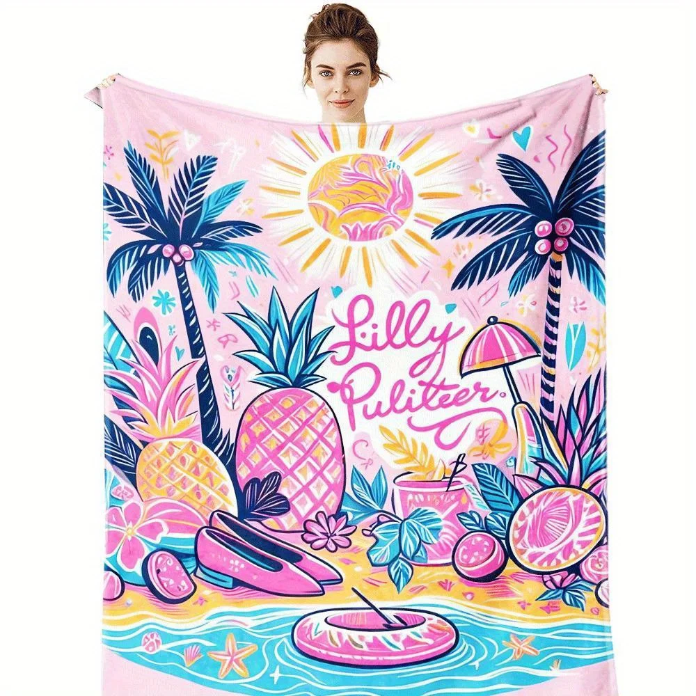 Cozy Comfort Flannel Blanket - Tropical Beach Sea Breeze with Palm Trees, Pineapples & 