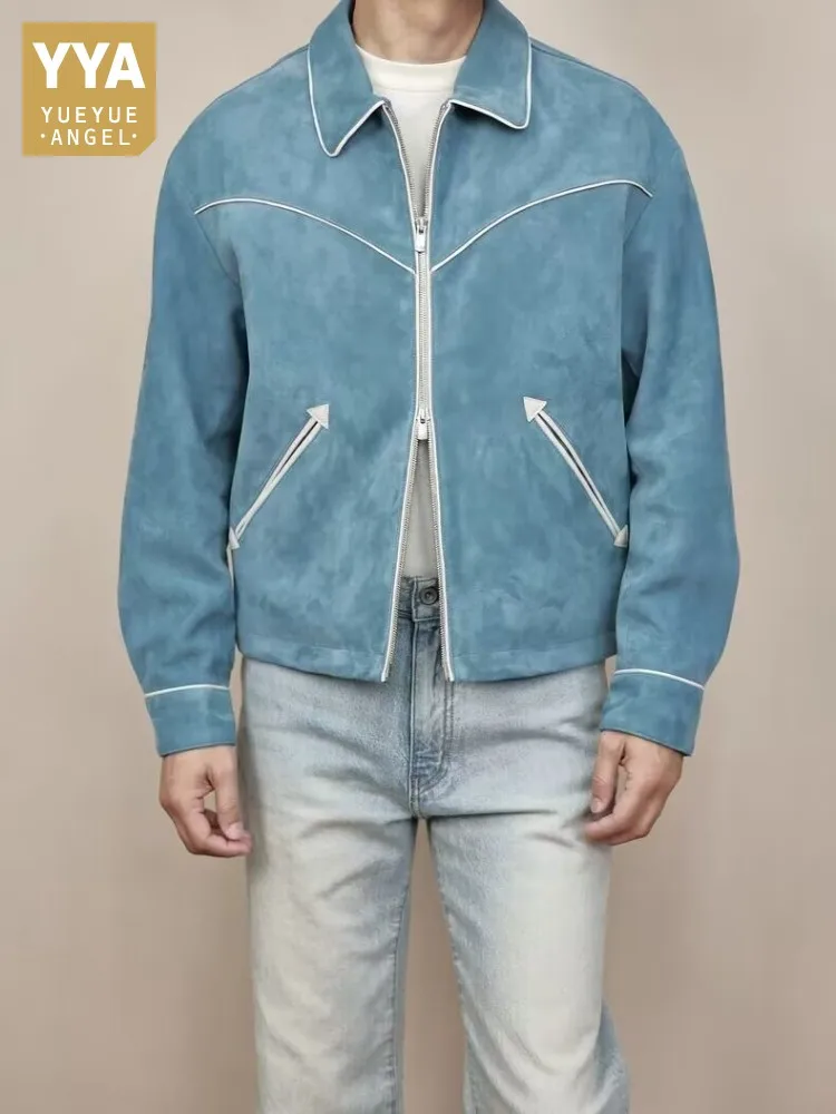 Luxury Mens Sheepskin Suede Jacket Zipper Turndown Collar Genuine Leather Short Jackets Loose Fashion Casual Outerwear Coats