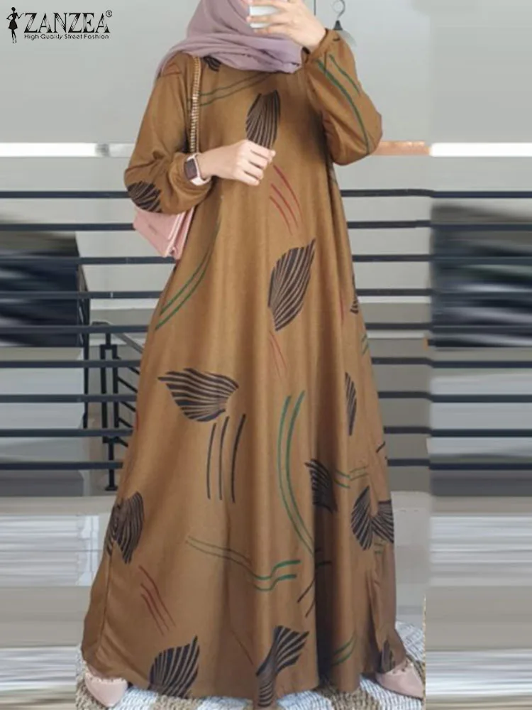 ZANZEA Casual Leaves Printing Maxi Dress Women Muslim Fashion Long Sleeve O Neck Abaya Vestidos Spring Baggy Long Robes Kaftan