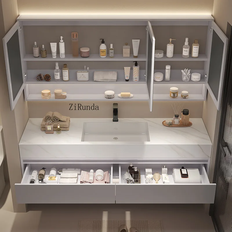 High-end rock slab smart bathroom cabinet bathroom solid wood bathroom cabinet combination washstand