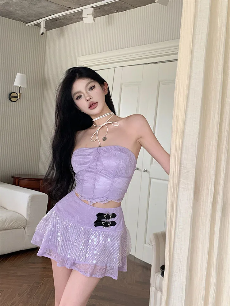 Sweet Set Spicy Girl Lace Bra Vest Top Women\'s Summer High Waist A-line Mini Dress Purple Two Piece Set