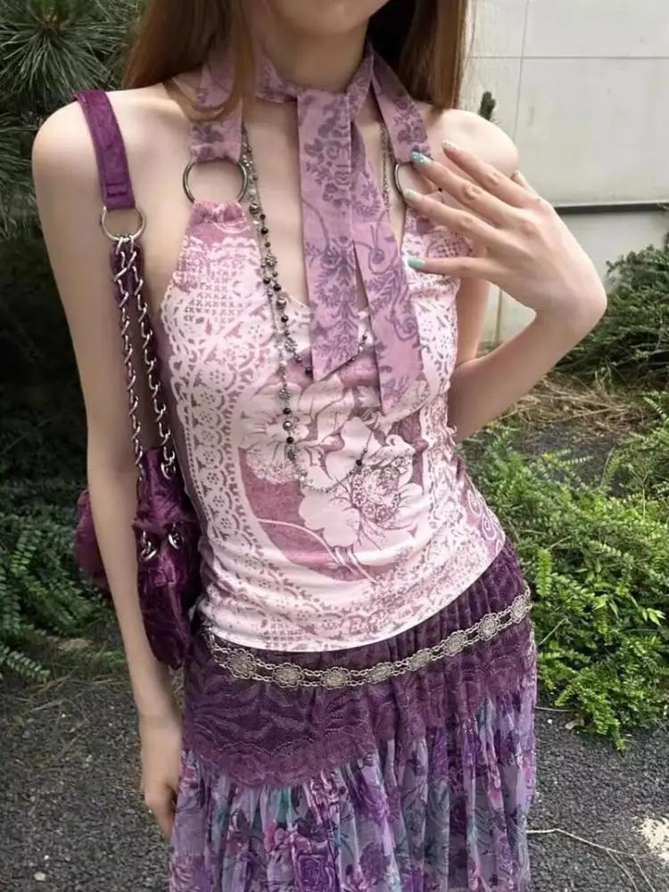 Genayooa Gothic Print Halter Tops Sleeveless Lace Up Crop Tops Y2k Vintage Tank Tops 2000s Japanese Fairycore Streetwear Summer