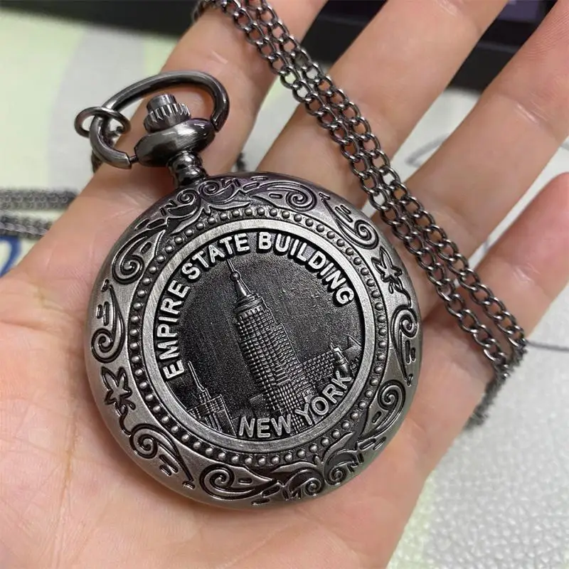 Famoso reloj de bolsillo de cuarzo con diseño de construcción del imperio del Estado de Nueva York, Steampunk, Fob, cadena colgante, collar, reloj, regalos para hombres y mujeres