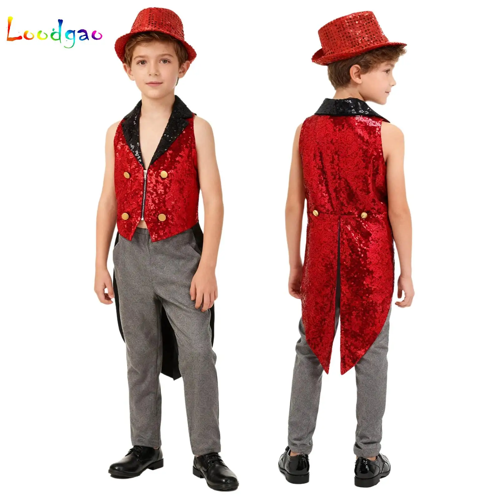 Kids Boys Sequins Blazer Tuxedo Coat Circus Ringmaster Magic Shows Halloween Carnival Cosplay Performance Costume And Fedora Hat