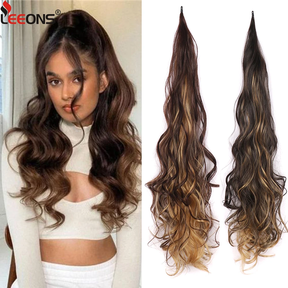 

Гибкий накладной хвост 32 дюйма, синтетические волосы для наращивания, черно-русый волнистый хвост, прическа для женщин на каждый день