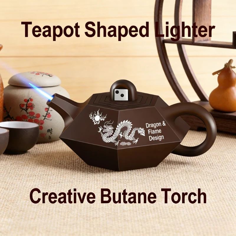

Teapot Model Metal Creative Lighter Windproof Blue Flame Butane Jet Torch Lighter Exquisite Desktop Decoration Smoking Accessory