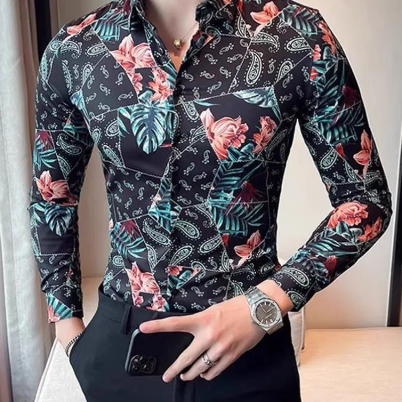 Men's 2024 Spring and Autumn New Spliced Square Collar Button Printed Slim Comfortable and Versatile Casual Long Sleeved Shirt