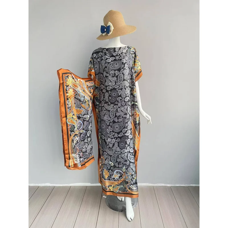 

Новые летние модные африканские платья для женщин, элегантное шелковое мусульманское женское платье с принтом, длинный хиджаб, кафтан, платье большого размера, Кувейт Абая