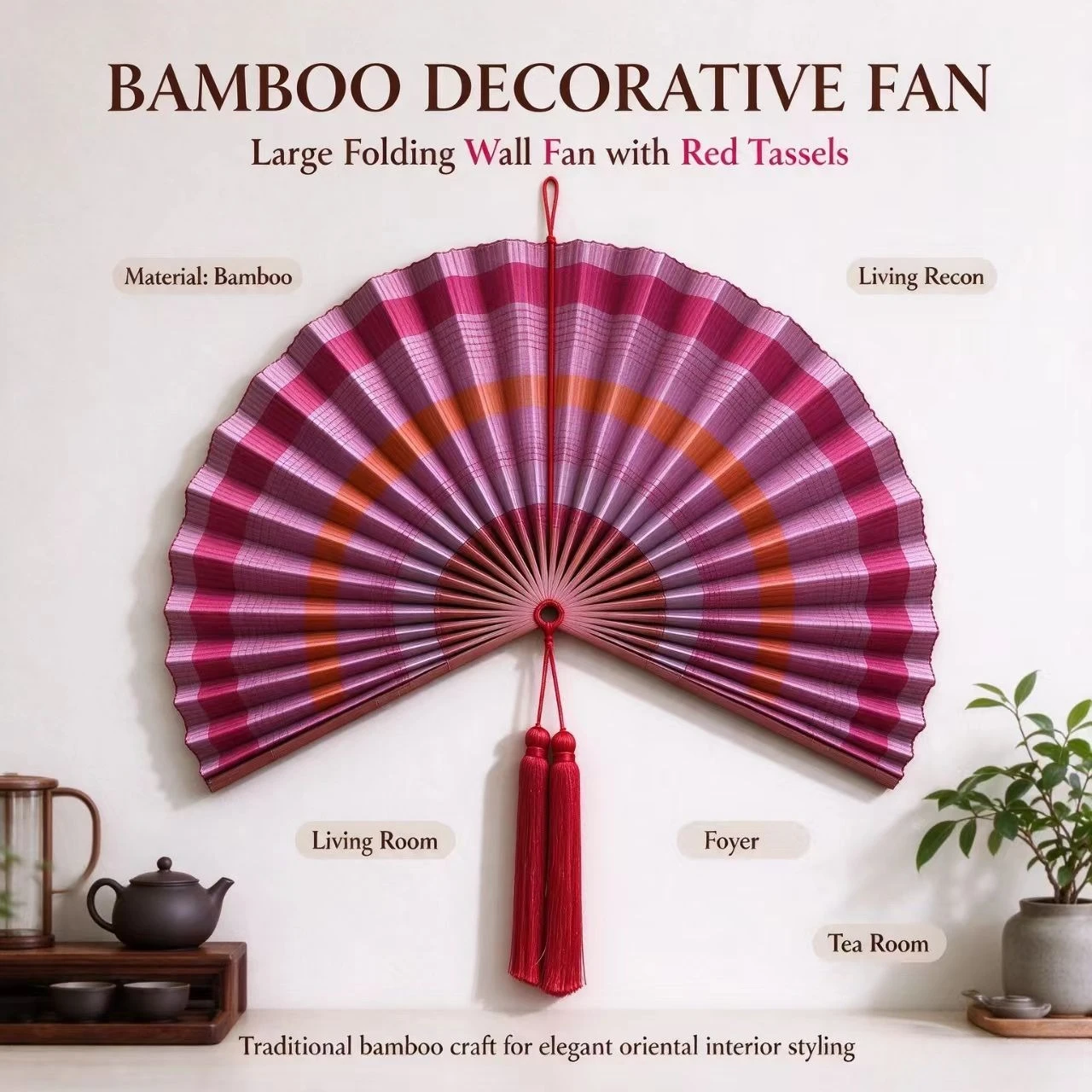 Bamboo Decorative Wall Fan with Red Tassel, Oriental Hanging Fan for Home Wall Art Decor