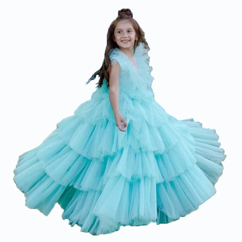 Layers Flower Girl Dress for Wedding Double V Neck Ball Gown Kids Pageant Dress Long Puffy Childrens First Communion Party Gowns