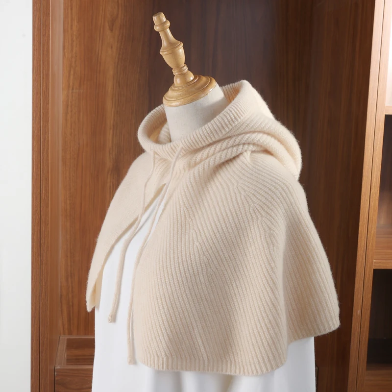 100% Wool Knitted Shawls Pullover Scarf Hat For Women Winter Soft Warm Balaclava One Piece Shoulder Cape  False Collar Beanies