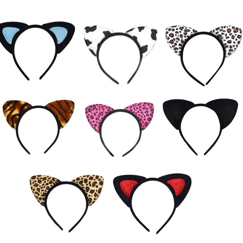 652F Leopard for Cat Ear Headband for Cat Ears Animal Hair Hoop Cosplay Cow Tiger Print Hair Bands Night Party Anime