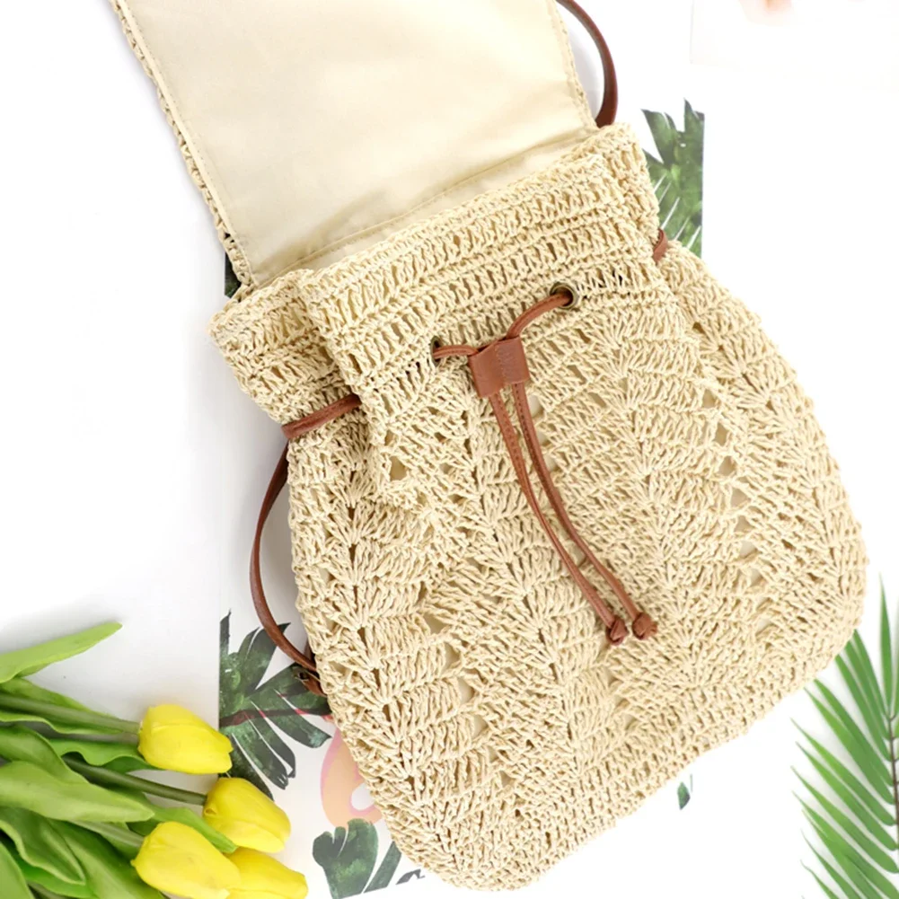 Women Straw Backpack Handmade Woven Casual Beach Holiday Shoulders Bucket Bag