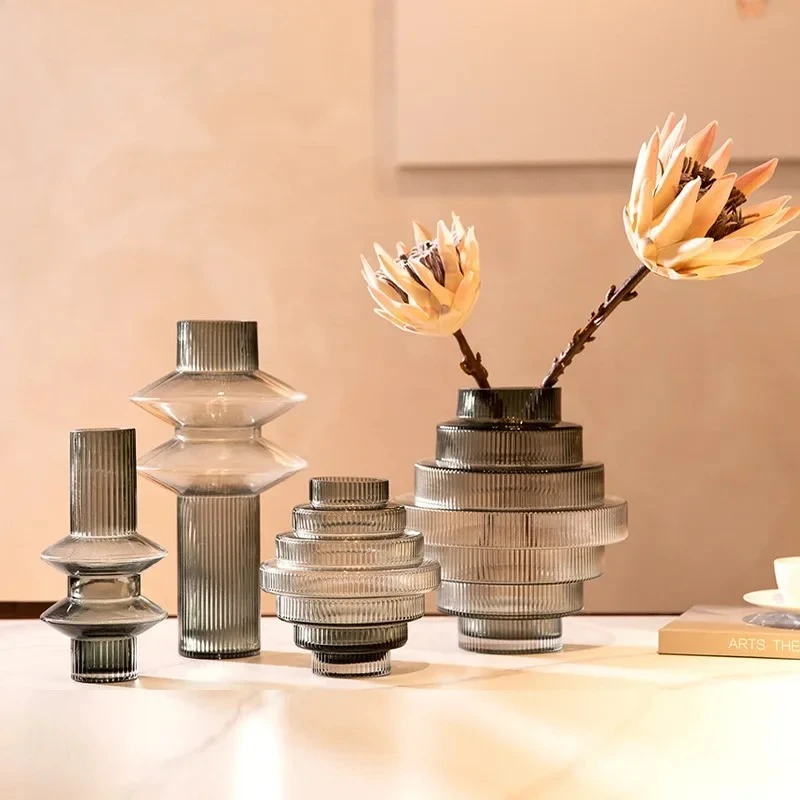 Amber Glass Vase Tower Shaped Flower Arrangement Hydroponic Flower Pot Geometric Creative Desktop Decorative Flower Ware