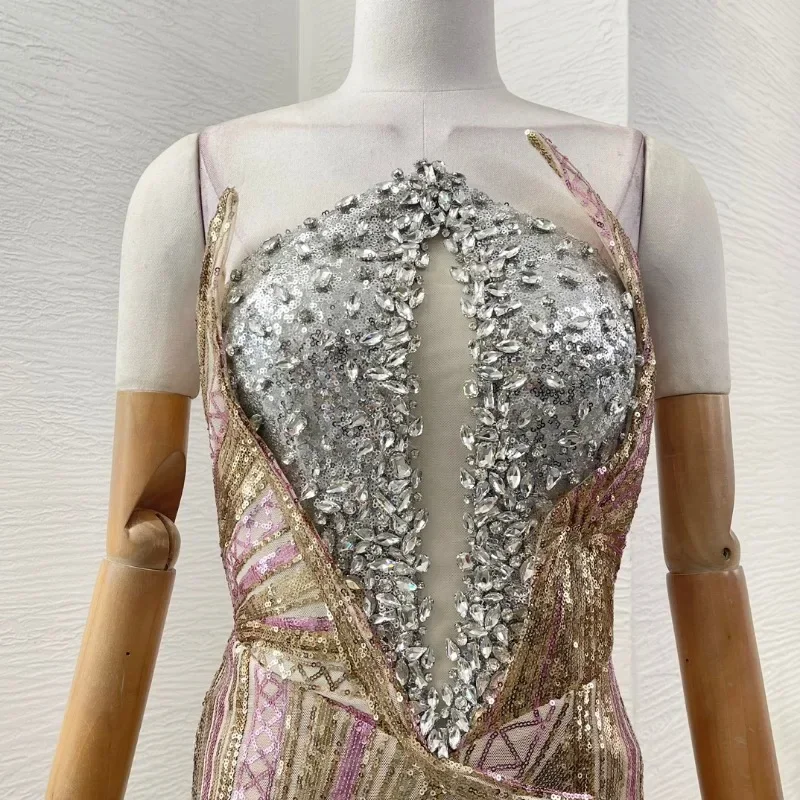 Senhoras violeta dourada sem mangas cortar lantejoulas diamantes de alta qualidade 2024 chegadas sexy vestidos maxi para festa